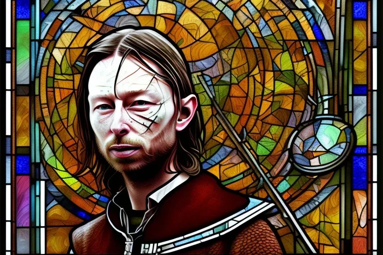 Thom Yorke's face stained glass window,panel, lead caming, medieval stained glass