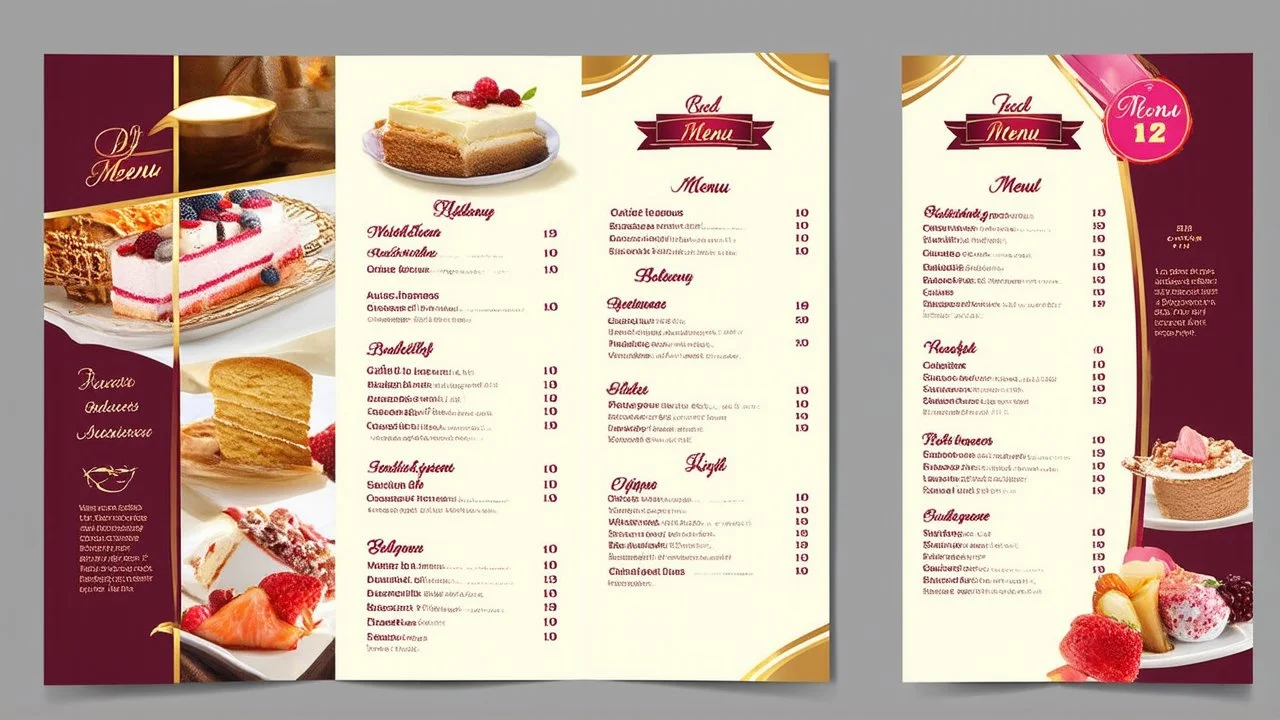 A Dessert Menu which is 17*8 inches Trifold, Detailed Menu List with Images creatively used, It should be a double sided. Make it look like a luxurious brand