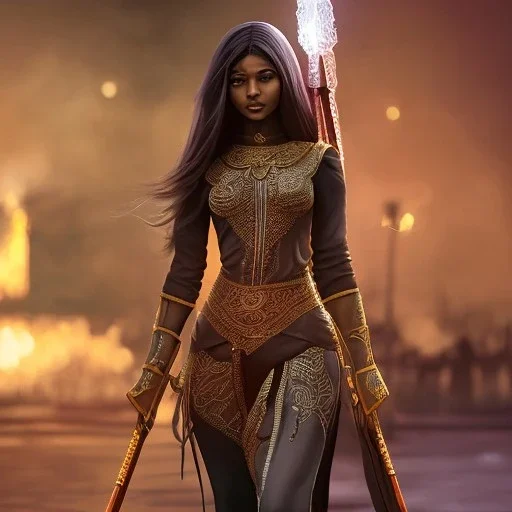 Full body, fantasy setting, woman, dark skin, Indian, 20 years old, magician, warrior, hourglass body shape, bicolor hair, muscular, cinematic, Arabian clothes, dark clothes, war clothes, insanely detailed, Arabian style, half-hawk haircut, white and red hair, medieval
