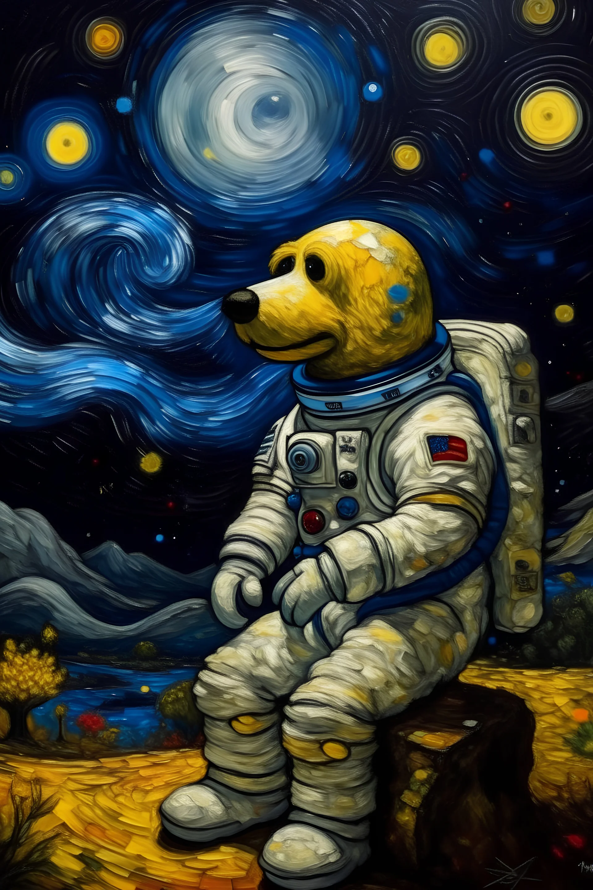 la noche estrella de Van Gogh con snoppy con traje de astronauta