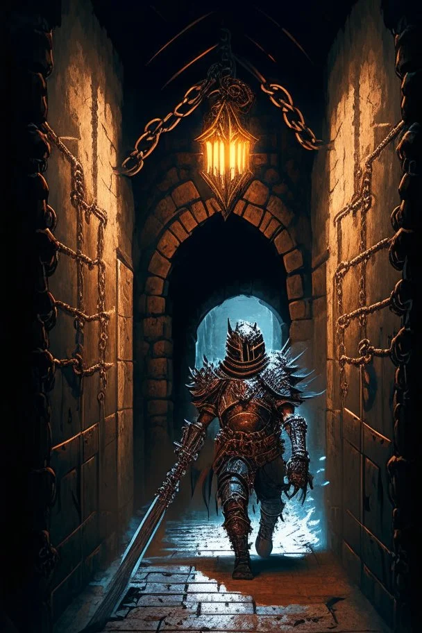 A frightening castle dungeon hallway with an evil knight warrior in rusty chainmail homding an iron chain painterly rpg art