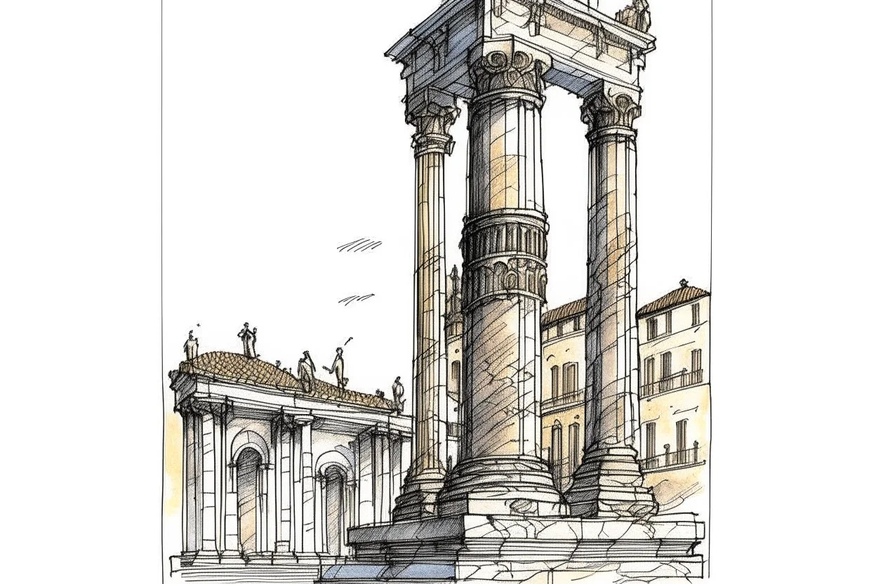 deseneaza cu penita si tus colorat cu acuarela , un sketch in stil minimal art , hasurat cu linii scurte de hasuri oblice scurte , cu mare acuratete si contrast , stil gravura pe metal reprezentand Columna lui Traiani din roma antica , in stilul miniaturilor persane