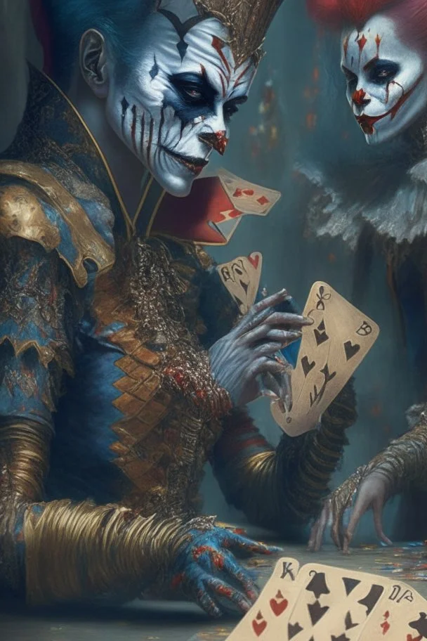 A harlequin character, playing cards with other people , sf, intricate artwork masterpiece, ominous, matte painting movie poster, golden ratio, trending on cgsociety, intricate, epic, trending on artstation, by artgerm, h. r. giger and beksinski, highly detailed, vibrant, production cinematic character render, ultra high quality model