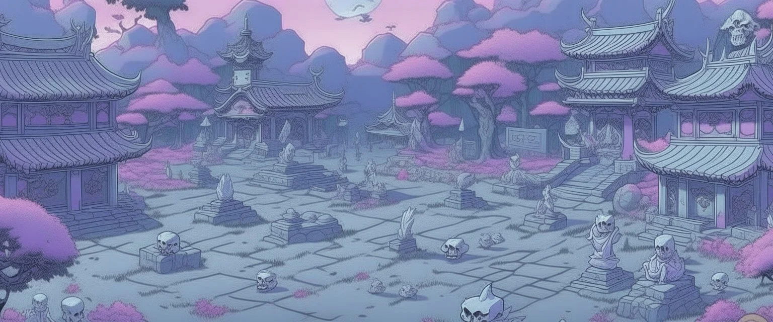 A light purple graveyard with ghosts designed in Japanese Oni masks painted by Cai Jia