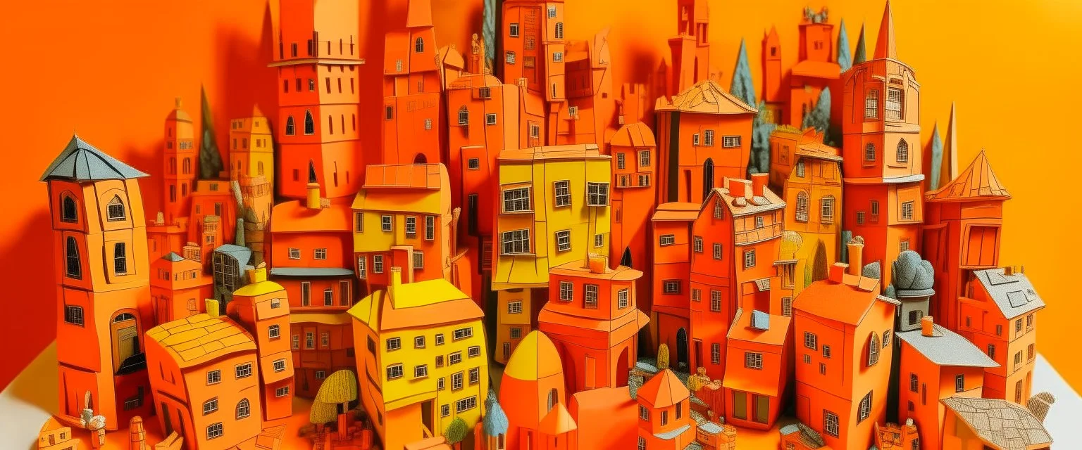 An orange colored town made out of toys painted by Pablo Picasso