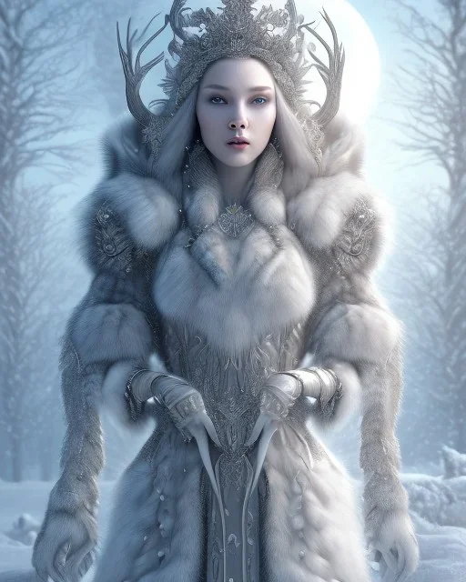 gorgeous goddess of winter wearing an elaborate ice crown with a beautiful gray wolf beside her, 8k resolution, centered, high-quality, fine-detail, iridescent, intricate, digital art, detailed matte, volumetric lighting, beautiful, illustration, 3D octane render, margaret weiss, brian froud, howard lyon, selina french, anna dittmann, annie stokes, lisa parker, greg rutowski,