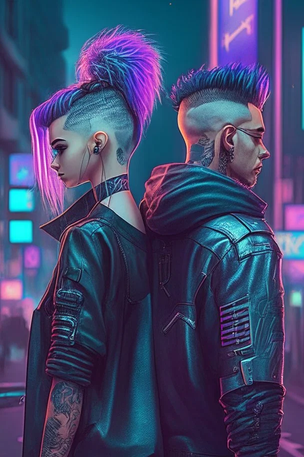 street night men love girl, couple, protective, cyberpunk, undercut hair