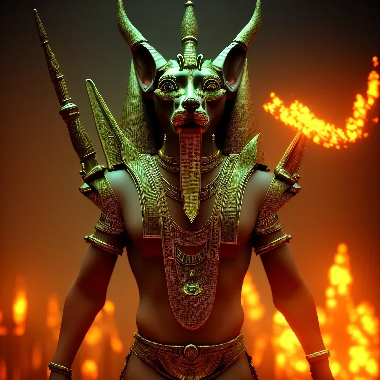 A portrait post-apocalypse of Jackal Egyptian God Anubis ,in a sin city pyramid, sci-fi fantasy style, volumetric lighting, particales,highly detailed,cinamatic,8k,3D,fire and black deep colours,ignore NSFW.