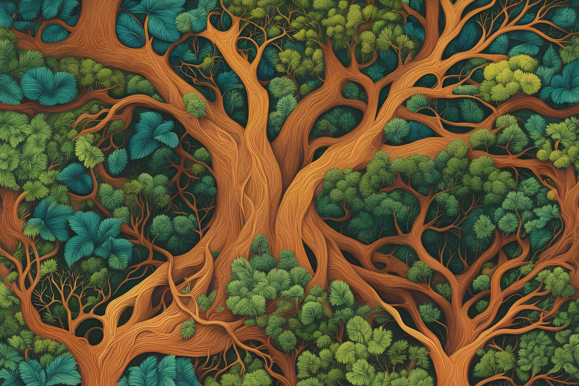 "Roots and Branches": Illustrate the intricate network of roots and branches in a forest, showcasing the organic, earthy patterns of nature. rich vibrant, shady, colorful