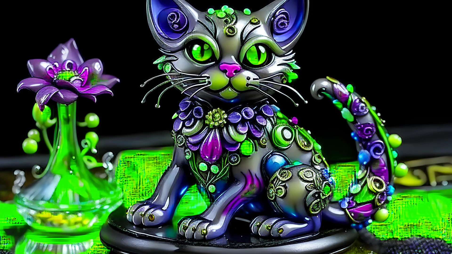 Art Nouveau style, a young kitten with exquisite flowers, some purple and green colors, Blown glass art, insanely detailed.