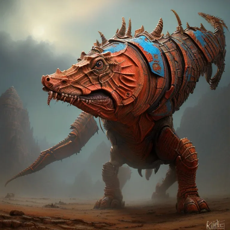 angry horse in orange and blue battle armor, a highly detailed illustration, background of Inka jungle, realistic render, 8 k, micro detail, intricate, elegant, centered, digital painting, Artstation, smooth, sharp focus, illustration, artgerm, tomasz alen kopera, peter mohrbacher, donato giancola, joseph christian leyendecker, wlop, boris vallejo