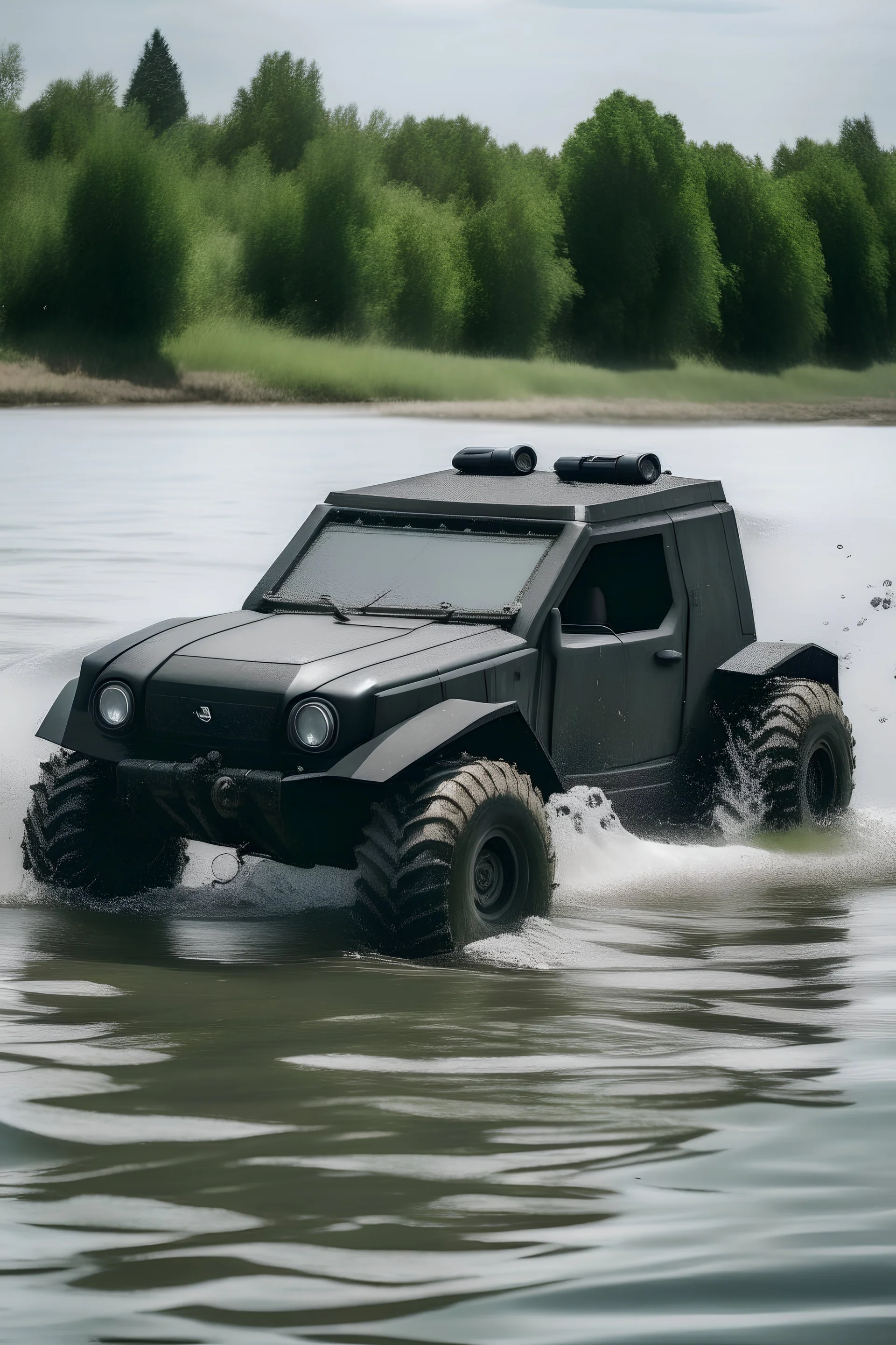 Auto con 6 ruedas rodando en el agua
