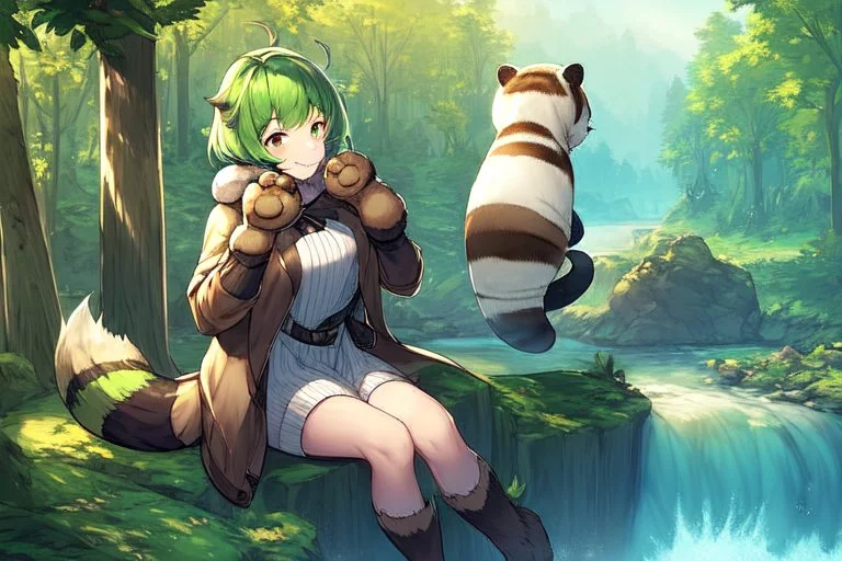 Girl, green hair, raccoon tail, raccoon paws in hand, raccoon paws in foot, forest, river, sit on tree, coat on neck, with tongue out,