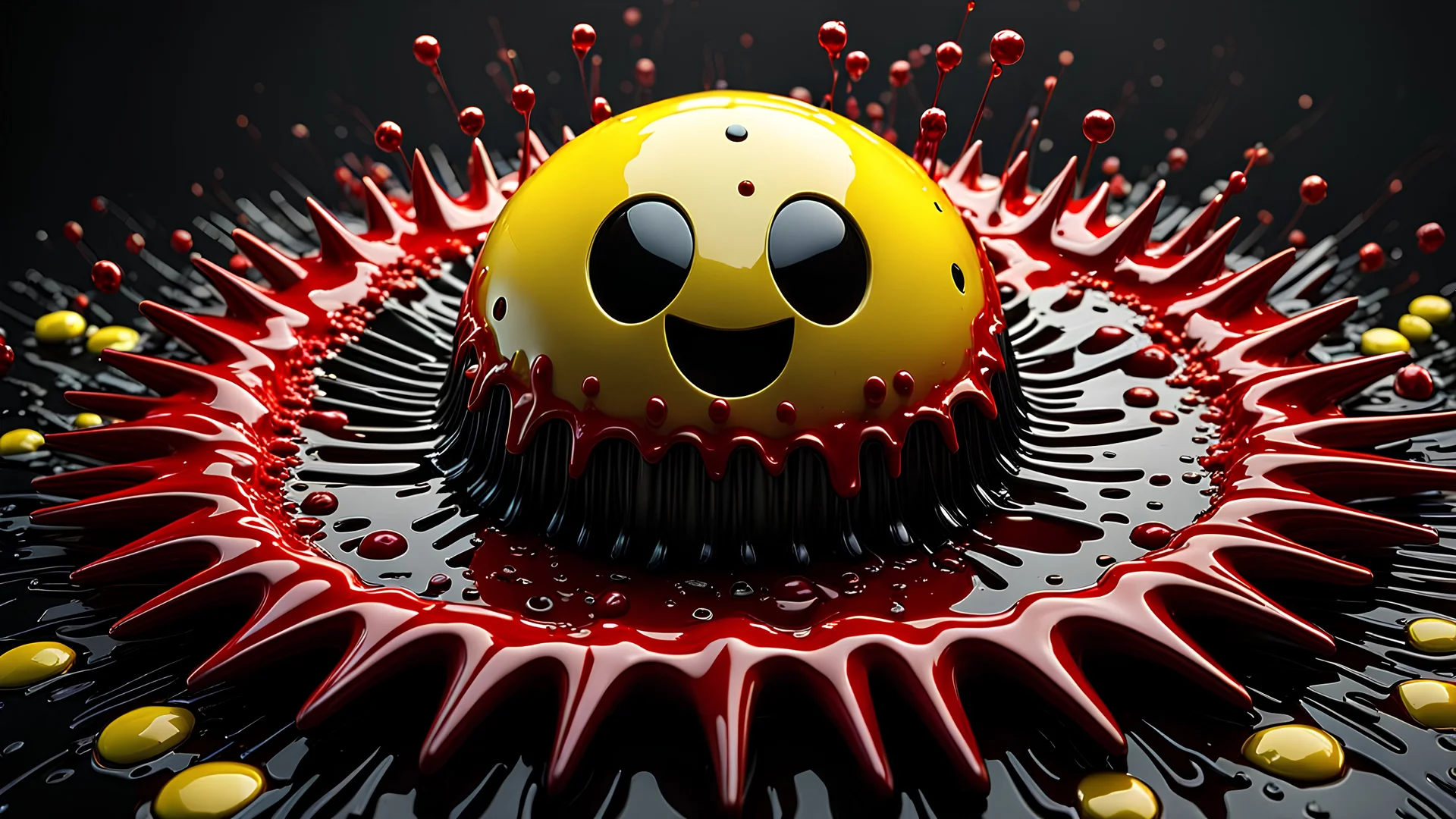 A conceptual art rendering of the Fluidic Marvel of a nightmare combination of a bloody, yellowish, zombified, angry Pac-Man and Intricate Ferrofluid Porosity slamming into a surface, horror art style, expressive face, wet, dripping, blood, viscera, 3D Game Cinematic Feel, Epic 3D Videogame Graphics, Intricately Detailed, 8K Resolution, Dynamic Lighting, Unreal Engine 5, CryEngine, Trending on ArtStation, HDR, 3D Masterpiece, Unity Render, Perfect Composition.