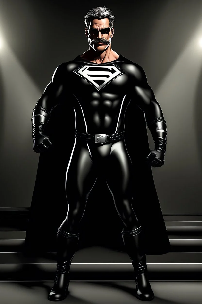 an extremely muscular superhero man wearing a black, skintight, formfitting cowl, a black, skintight, formfitting, Kevlar bodysuit, Silver Wrist Gauntlets, Silver Belt, Silver knee-high boots, black gloves, silver "M" logo on the chest, a mustache and goatee, black gloves, 32k UHD, Hyper Realistic, Photorealistic, realistic, life-like, real life, extremely detailed, extremely sharp, extremely vibrant, extremely colorful, Full color, professional quality, in the art style of Boris Vallejo