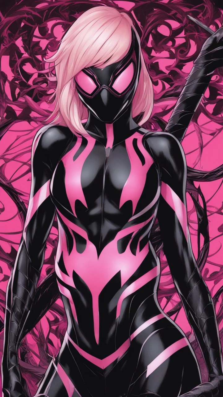 A close picture to Mix between gwenpool and symbiote, symbiote venom in background, pink and black custom, intricate details, highly detailedin in solo leveling shadow art style