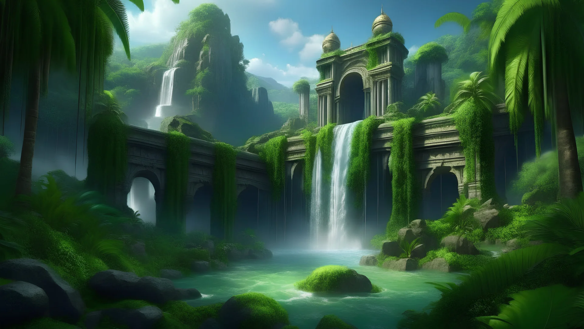 city lost ruins temple of jungle palms in the center of a lush garden surrounded by a band of waterfall that flows in The four rivers of fantasy art 3d