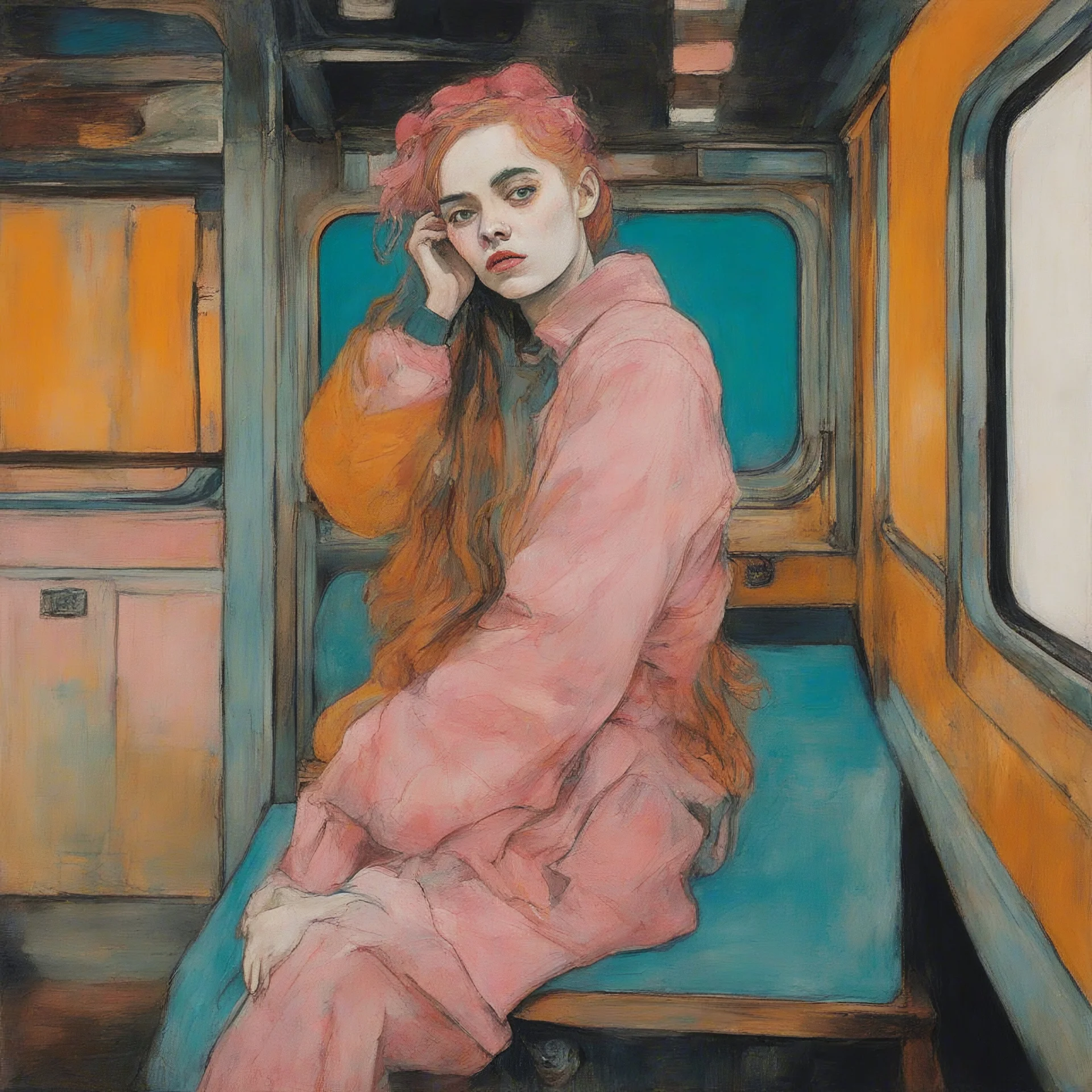 Egon schiele painting of a grunge woman, billie eilish, in the train, orange, pink, turquoise, yellow colors