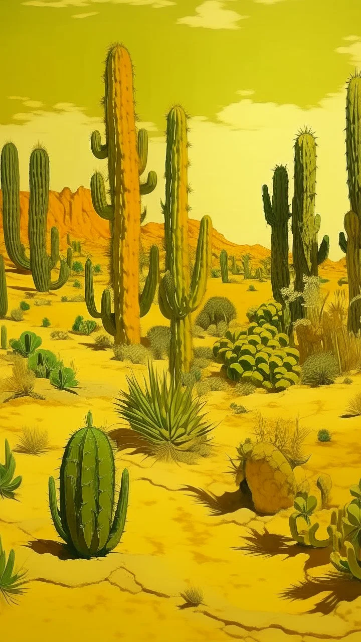 A golden yellow sandy desert with cacti designed in Matryoshka dolls painted by Edouard Manet