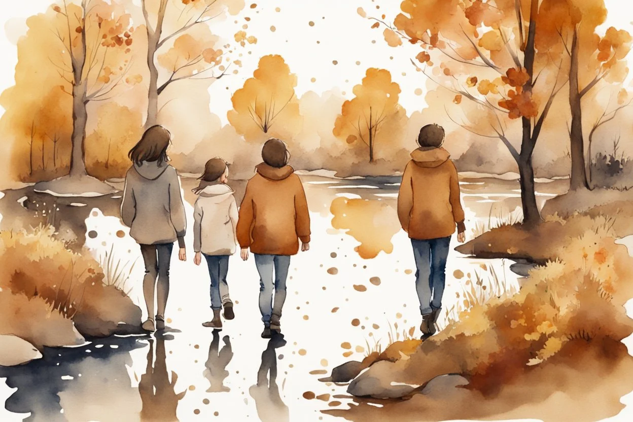 young brunette woman and boy friends walking next to a pond in an autumn forest watercolor and ink in ochre, golden glitters