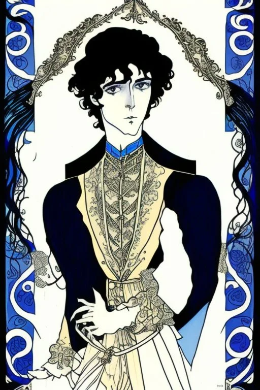 young black haired blue eyed wizard in the style of aubrey beardsley