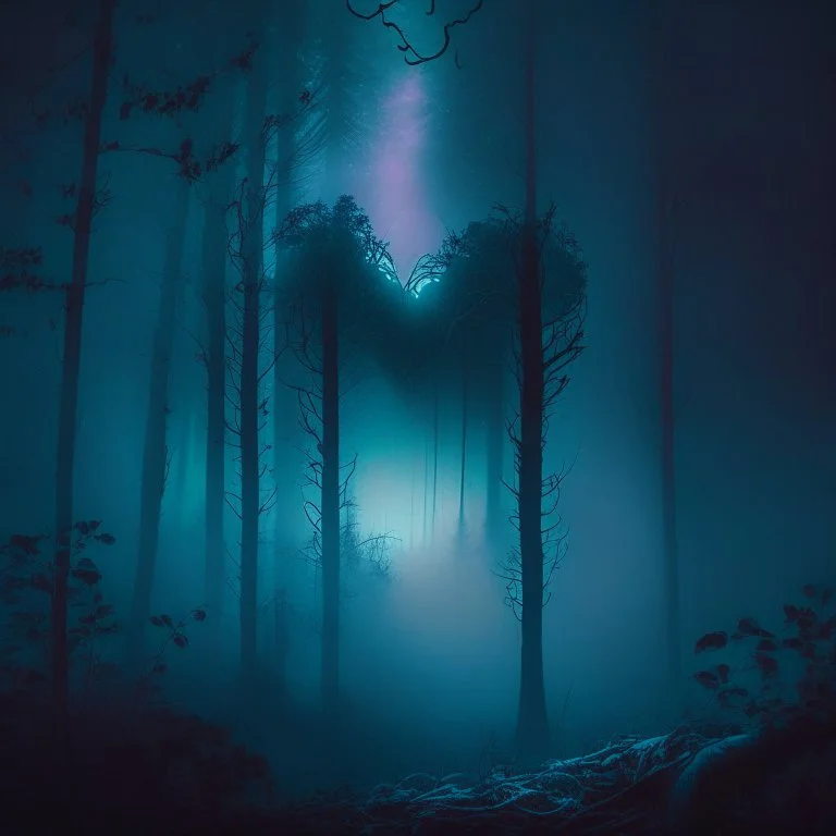 fog in the forest at night with an electric heart