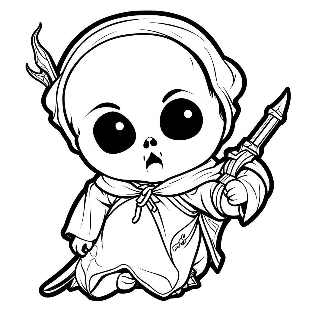 create a 2d black outline, "cute kawaii baby death with a scythe coloring book for kids", coloring page, low details design, black contour, coloring page design, simple background, colorful , card style, coloring page for kids, white background, sketch style,