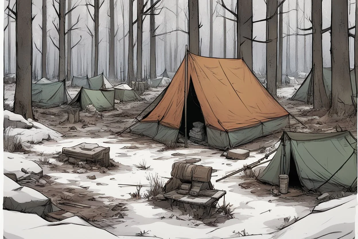 campsite, winter, tents, overgrown, post-apocalyptic, comic book, forest