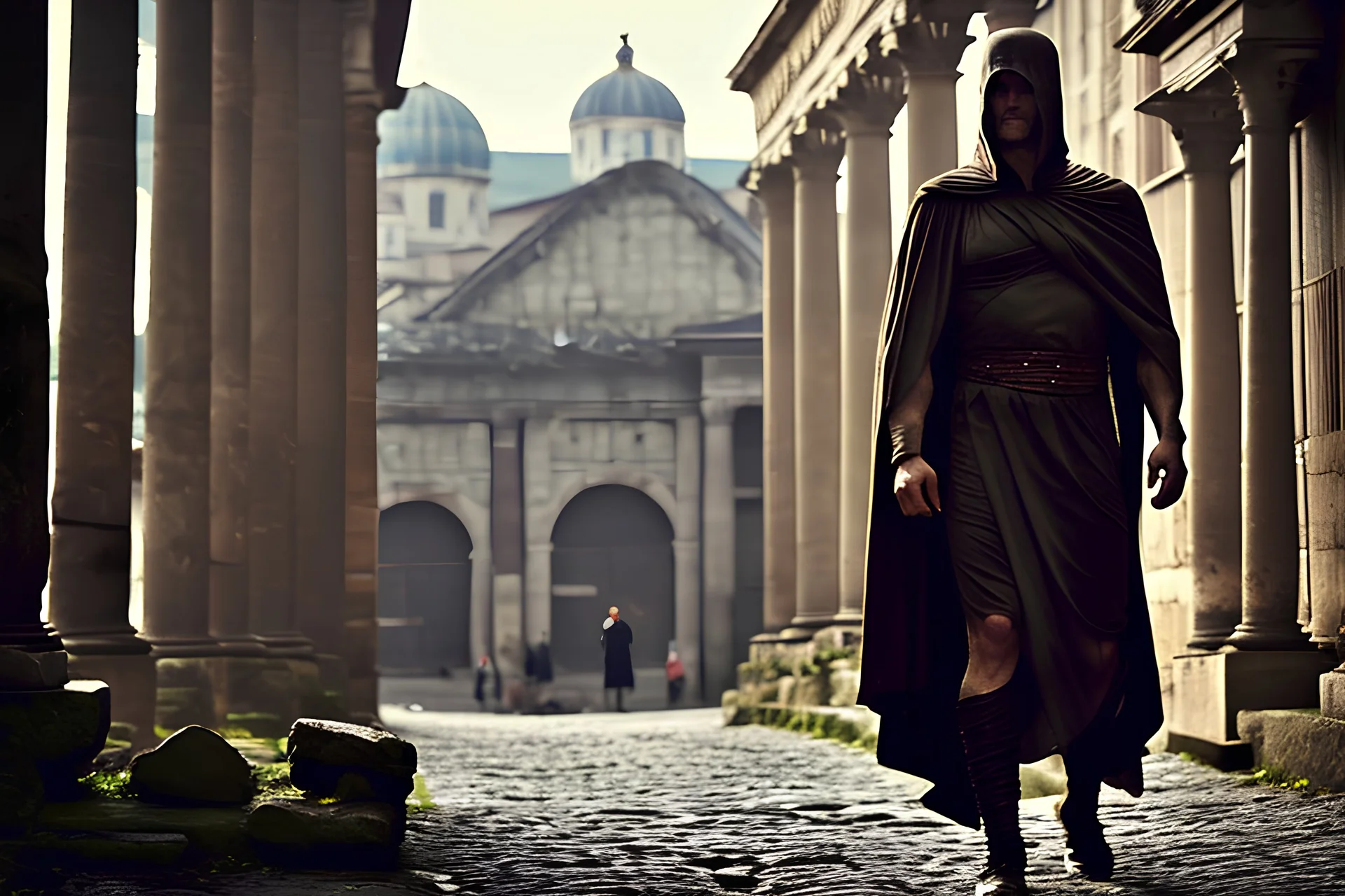 Visualisez un spion romain, se fondant dans l'ombre des rues de la Rome antique. Il porte une toge et une capuche, son visage à peine nähtav sous le capuchon. Les rues pavées, éclairées par des torches, et les bâtiments en pierre ajoutent à l'atmosphère mystérieuse. Fogadja el a hiper-realisztikus fotóstílust, a legrészletesebb és a 16k-os haute définition felbontást. Készítsen kompozíciót, használja a Nikon D850 DSLR fotókat