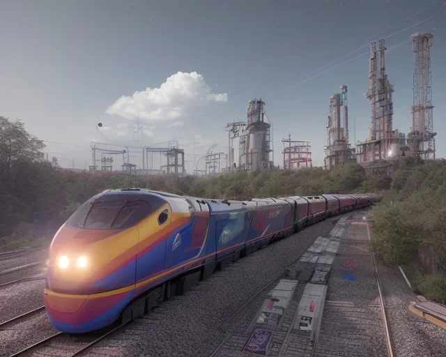 train with graffiti on a rainbow track in outerspace, planets in the background, steam bubbles from chimney, galaxy