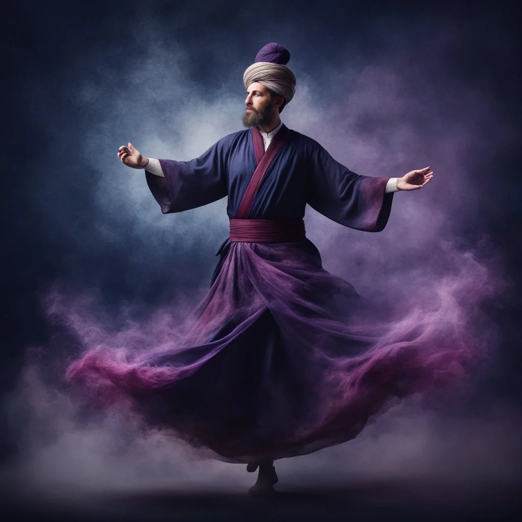 Hyper Realistic Sufi Whirling with Purple & Maroon, Islamic Sufi Rustic Grungy navy-blue Background with black fog around at night