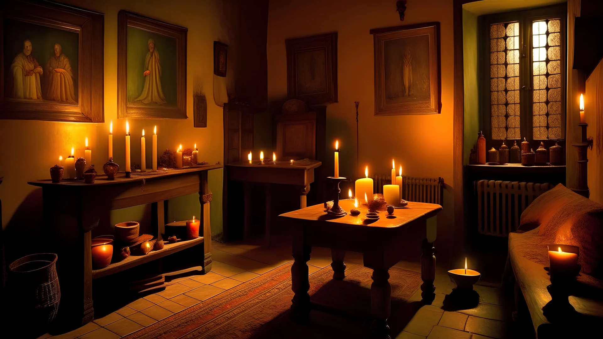 Mediaeval living room, night, oil lamps, candles, award-winning colour photograph