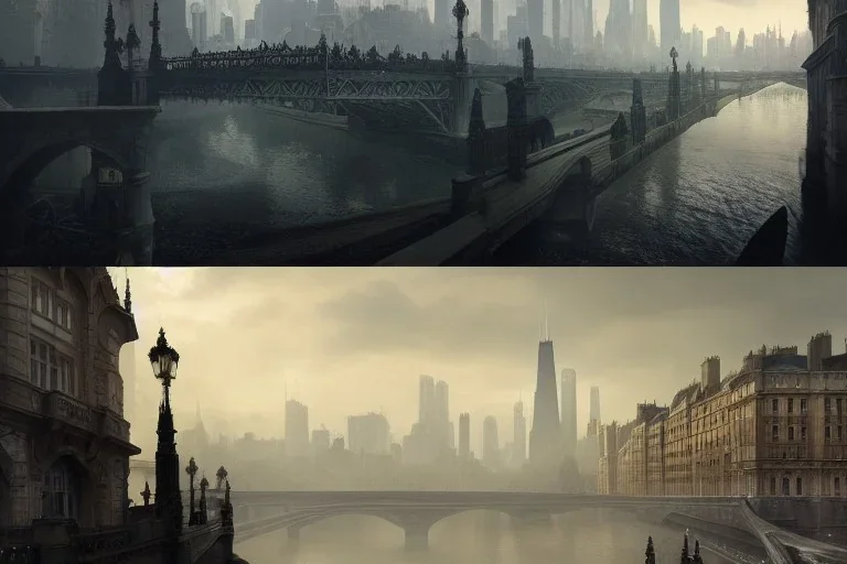 Bridge made by tree+Harbour Chicago Parisien building London+Edimburgh+Gothic town+Art deco Metropolis +alphonse mucha, greg rutkowski,matte painting, cryengine, hyper detailed, felix kelly, fantasy art, seb mckinnon