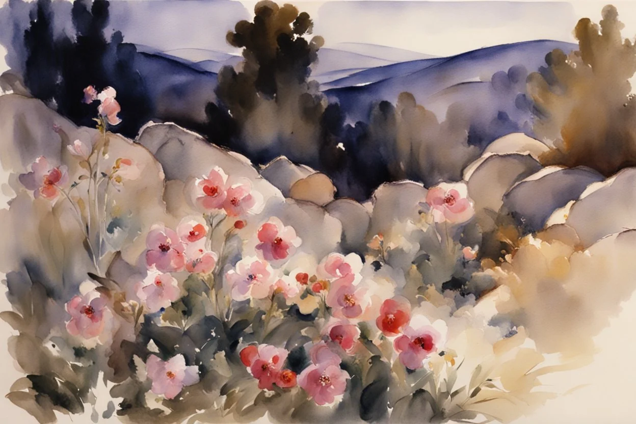 Landscape with night, mountains, flowers, rocks, john singer sargent watercolor paintings