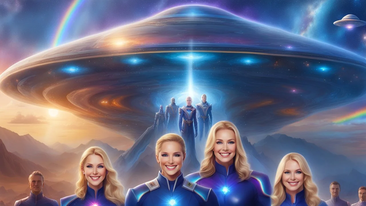 ufos rainbows,beautifuls paysages, fantastic colours,cosmic woman ,beautiful ufos rainbow, admiral from the future, galactic confédération, fine whole face, crystalline skin, expressive purple eyes,rainbow, smiling lips, very nice smile, costume pleiadian, Beautiful tall woman pleiadian Galactic commander, ship, perfect datailed golden galactic suit, high rank, long blond hair, hand whit five perfect detailed finger, amazing big puple eyes, mouth, high définition lips, cosmic happiness, bright