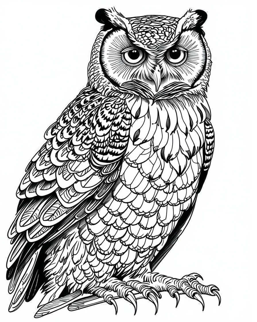 real massive Owl, coloring page, full body (((((white background))))), only use an outline., real style, line art, white color, clean line art, white background, Sketch style