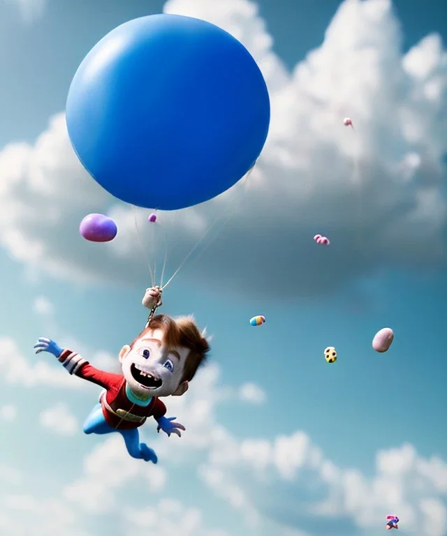 Ultra realistic clouds sky scene, medium shot view, portrait, sweet monster Childs free jumping flying, trinkets, jelly beans, inflatablehelmet, smile, happy, Wes Anderson style, Peter Pan, inflatable color clothing, extreme, wind, clouds sea, 20,000 feet altitude, stratosphere, soft color, highly detailed, unreal engine 5, ray tracing, RTX, lumen lighting, ultra detail, volumetric lighting, 3d, finely drawn, high definition, high resolution.