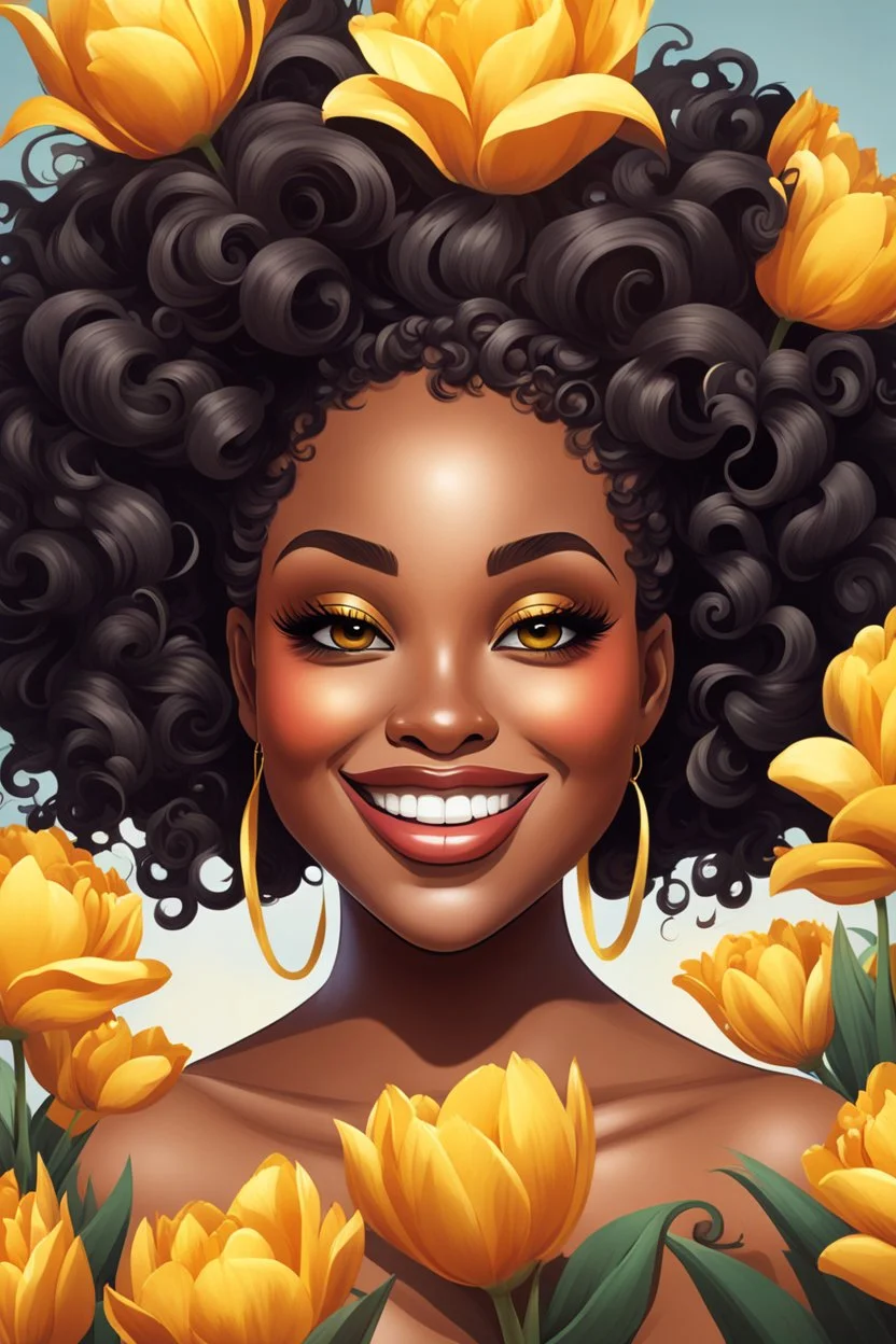 Create a abstract cartoon art style image of a curvy black female looking down with a smile on her face. Prominent makeup with hazel eyes. Highly detailed messy curly bun with a hair scarf on her head with large yellow tulip flowers surrounding her. 2k