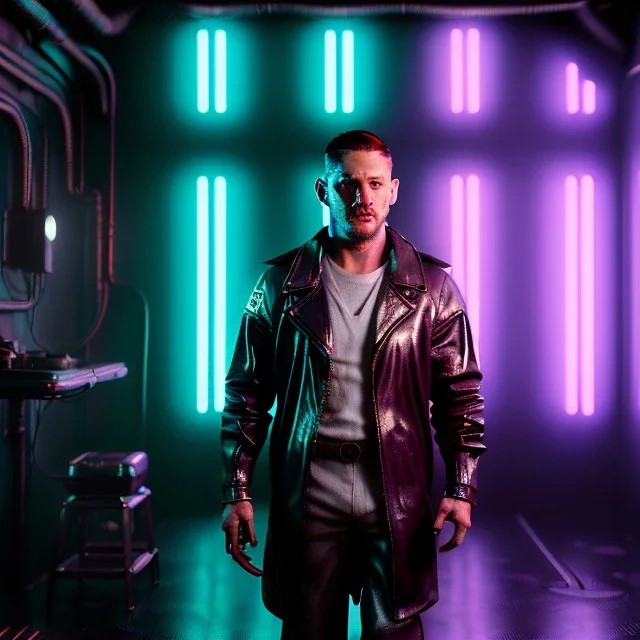 Actor, tom hardy, blade runner style, rain, fog, neon ambient, gradient color, clean skin, circuits, latex coat, cyber punk, neon, tubes, portrait, photo studio, unreal engine 5, smooth color, 16 bit, god lights, ray tracing, RTX, lumen lighting, ultra deatail, volumetric lighting, 3d, finely drawn, hd.