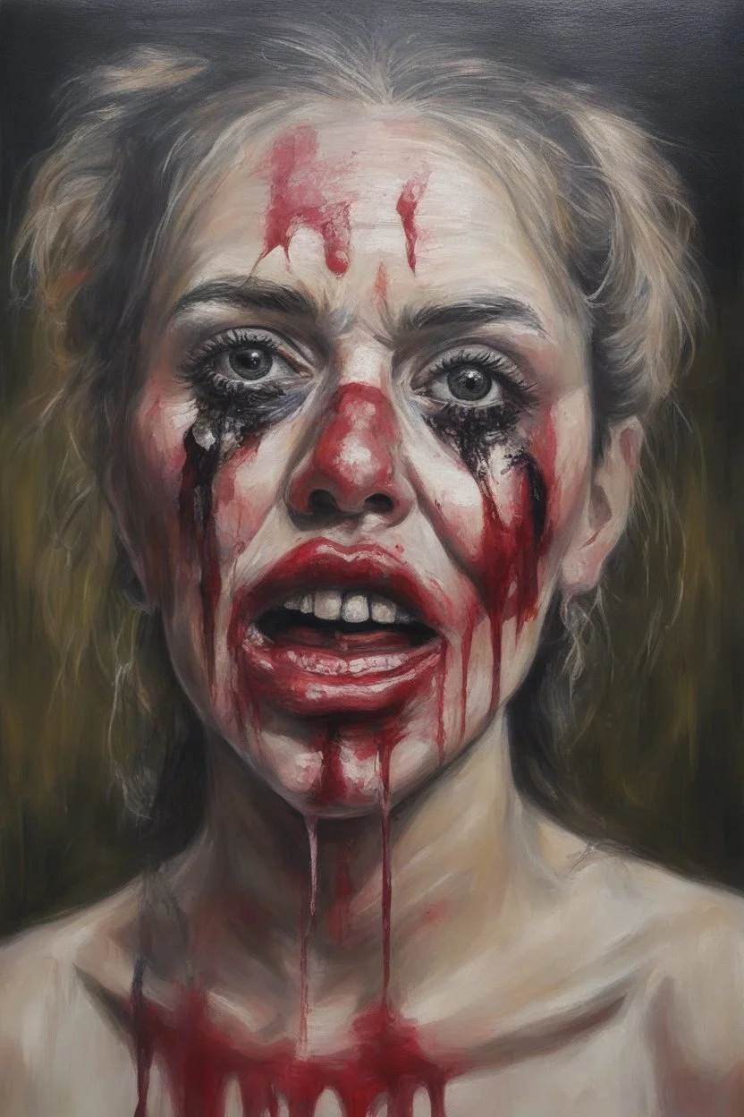 a portrait of an extremely ugly backwoods, inbred, female, hillbilly cannibal prostitute with a black eye and a fat lip and blood dripping from her mouth, oil painting by Zushia Zalarngo