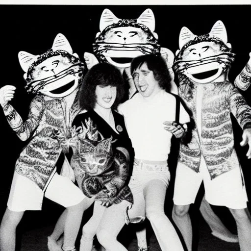 1980s photo of new year's party alien monkey with dancing cats happy