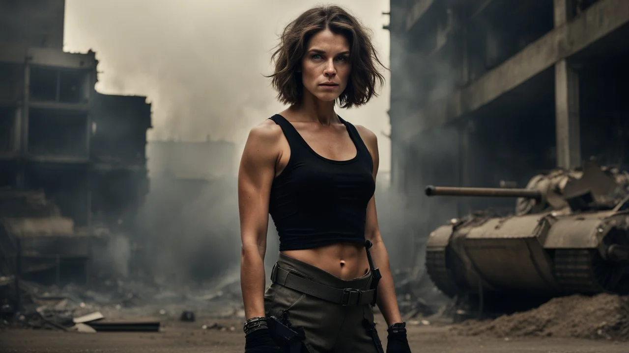 ducking beautiful slender caucasian female technician with a knife, looking away from camera, black tank top, well toned muscles, weathered face, scratched sand camo metal details, short brunette wavy bob haircut, dystopian, postapocalyptic city scene with smoke and explosions. giant satelite dish in the background