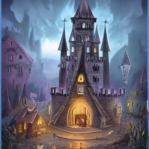 A magical dark gothic canal little town of wizards, witches and warlocks with a castle and huge caravan houses Nick Harris style