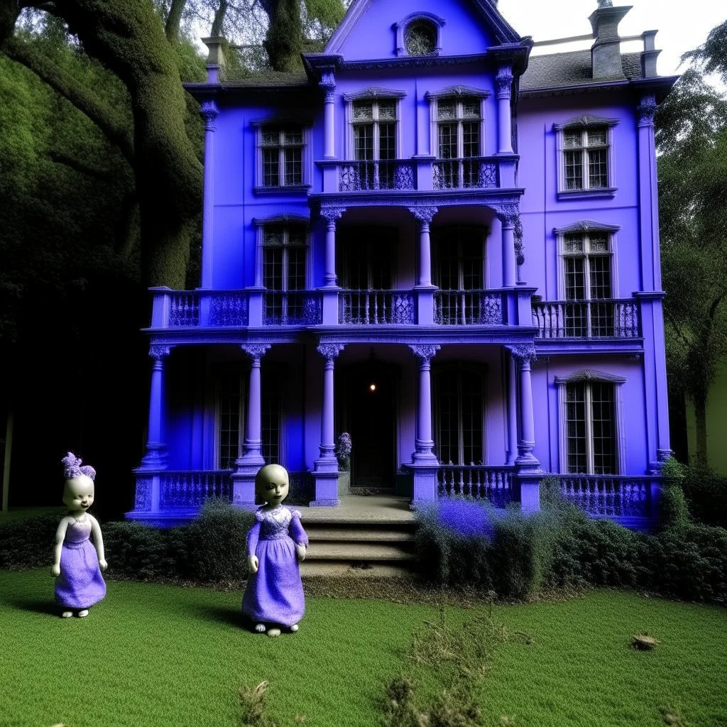 A light purple mansion with voodoo dolls painted by Edgar Degas
