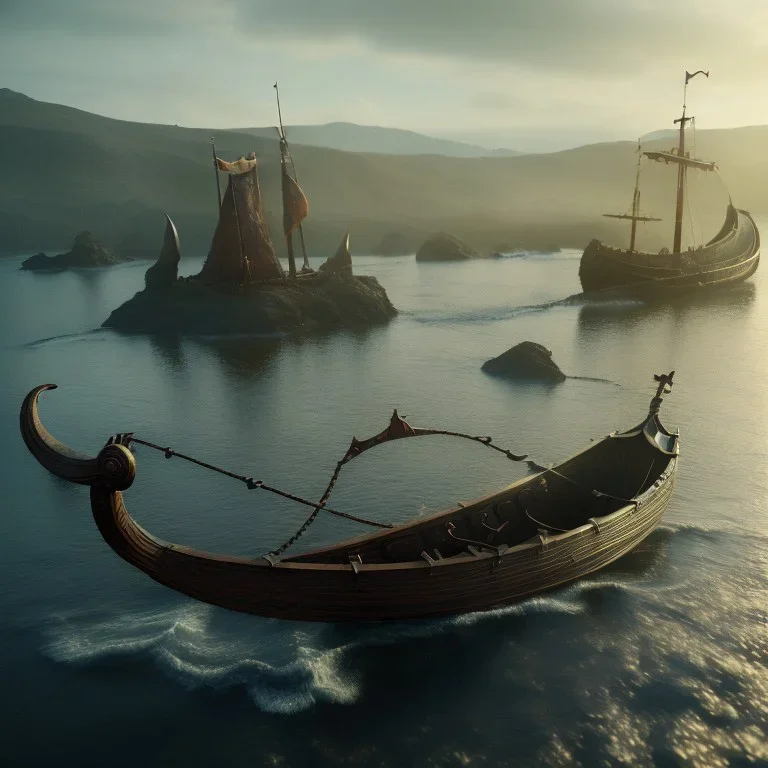 viking ship, 4k, 8k, highly detailed, cinematic, ultra photorealistic, ultra realistic, volumetric lighting