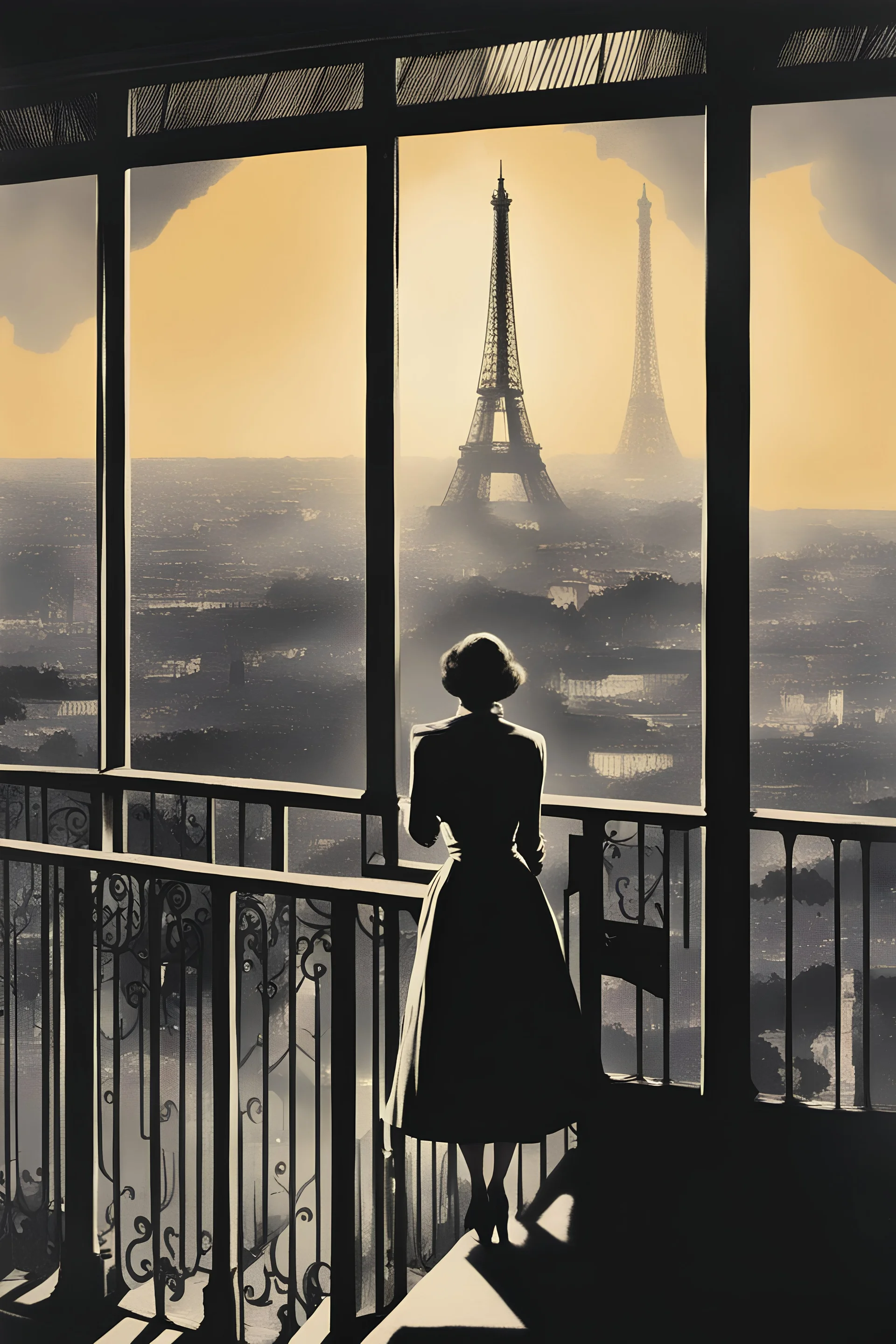 Movie poster. Set in the 1950. A woman overlooking Paris from here balcony, light rays coming to then fading to darkness. A man watching from behind her Text Just leave