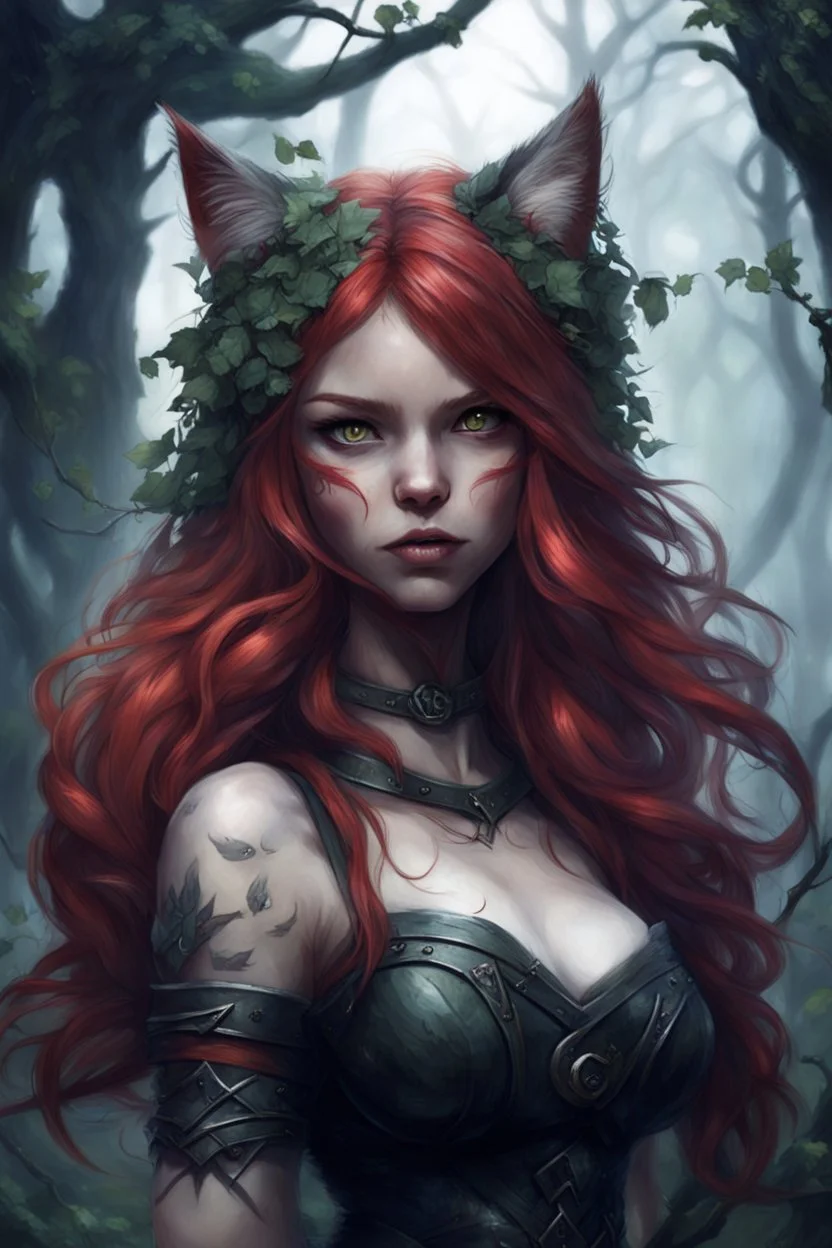 CAT GIRL, FANTASY, FORESTY, VINES, SOULLESS, FLUFFY TAIL, VIKING RED HAIR, METAL