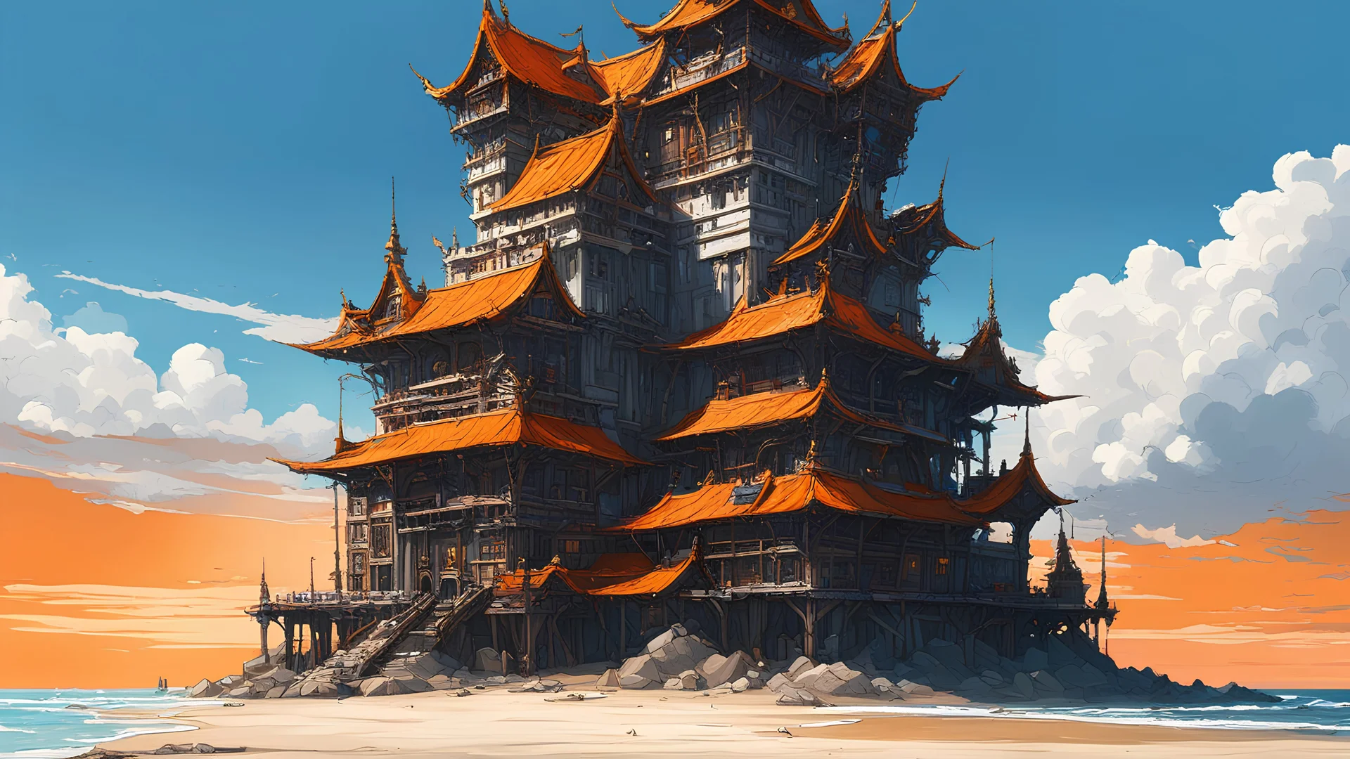 A tall Wizard tower on a beach, on a deserted island, in the style of precise, detailed architecture paintings, mecha anime, industrial-inspired, dark white and orange, i can't believe how beautiful this is, fragmented planes, sky-blue, deep aesthetic, intricate, highly original, innocent, alive, enhanced, sharp focus, rich cinematic quality, dramatic light