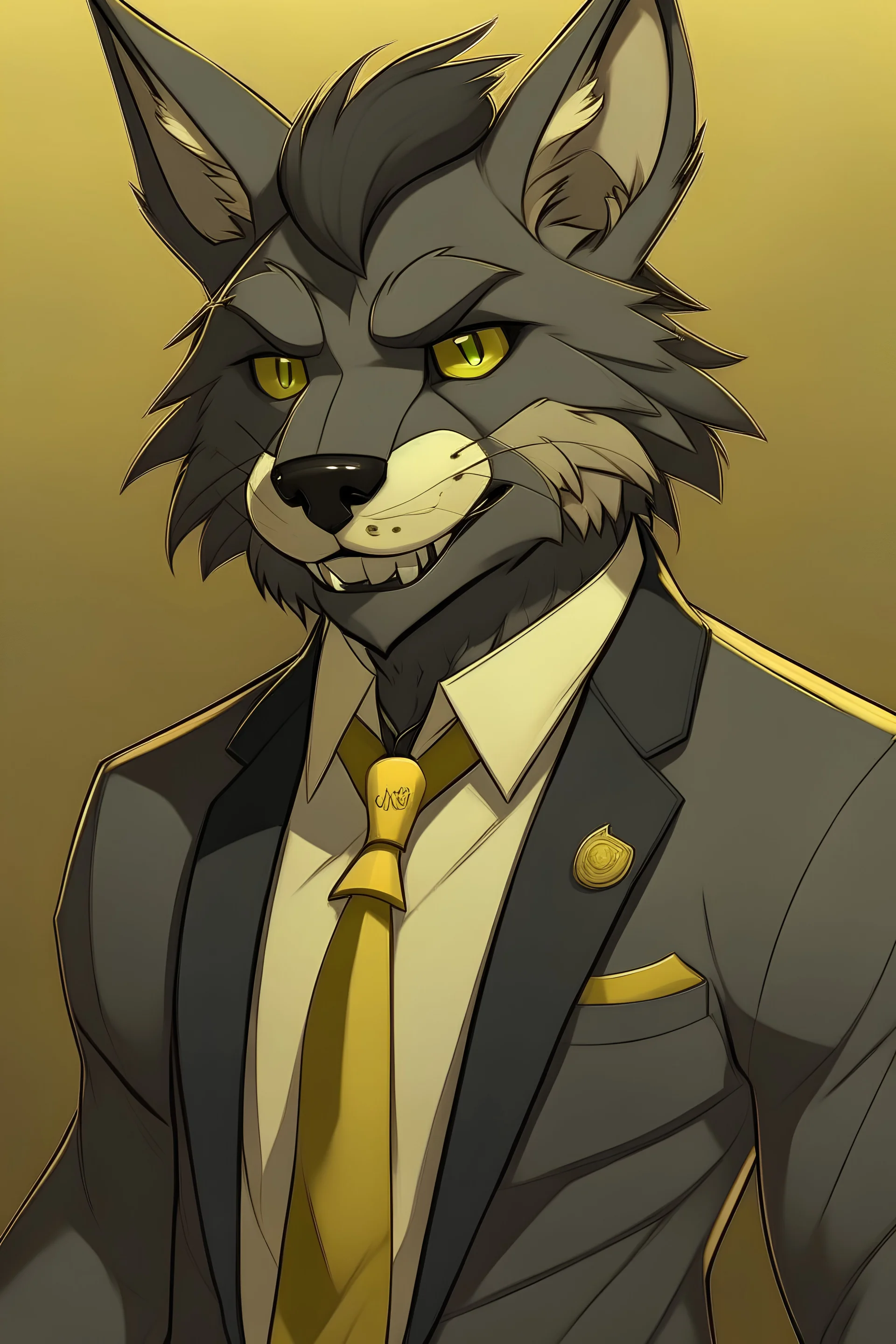 Buff anthro wolf himbo with black fur and gold eyes wearing a suit