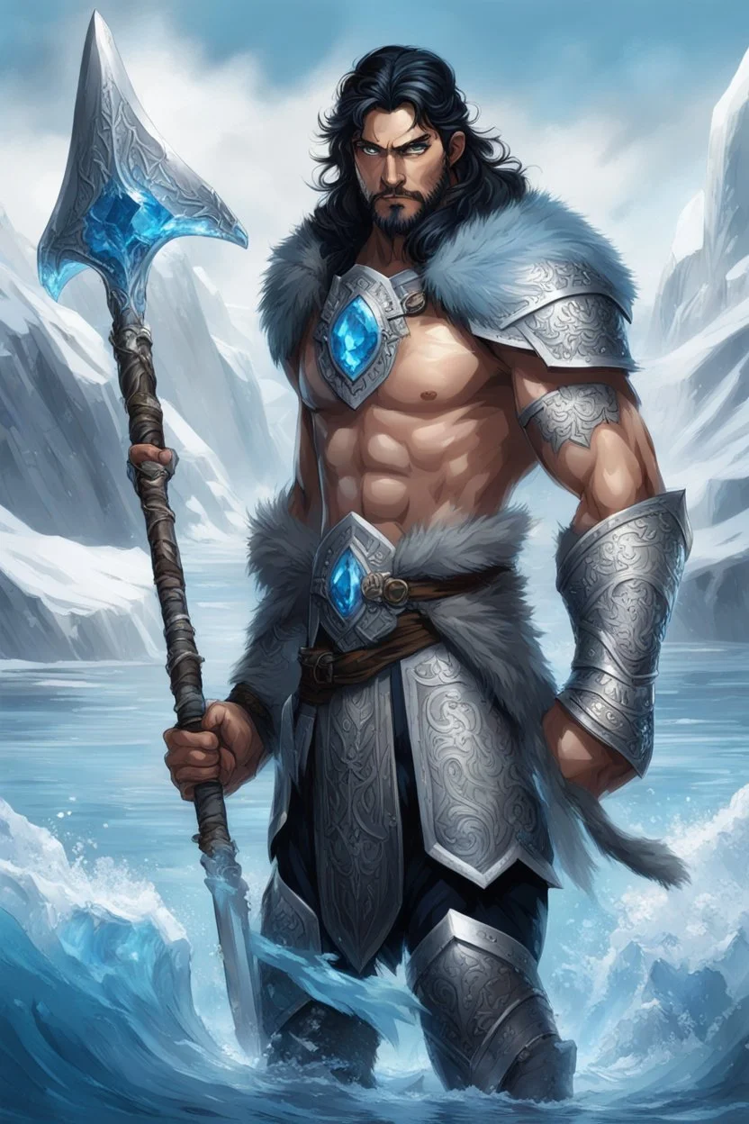 1 mana warrior, with blue eyes and black hair man in silver Viking armor with fur around the neck with blue crystal on his chest , standing in water in the artic, holding a ice axe, warrior in anime style,